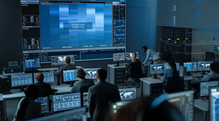 Operators at their workstations in a security control room with a large video wall