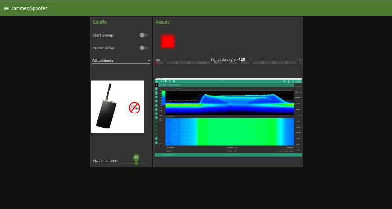 Jammer/Spoofer dashboard: sweep and preamplifier settings, a jammer type, an alarm indicator, the signal strength and a live spectrum with waterfall