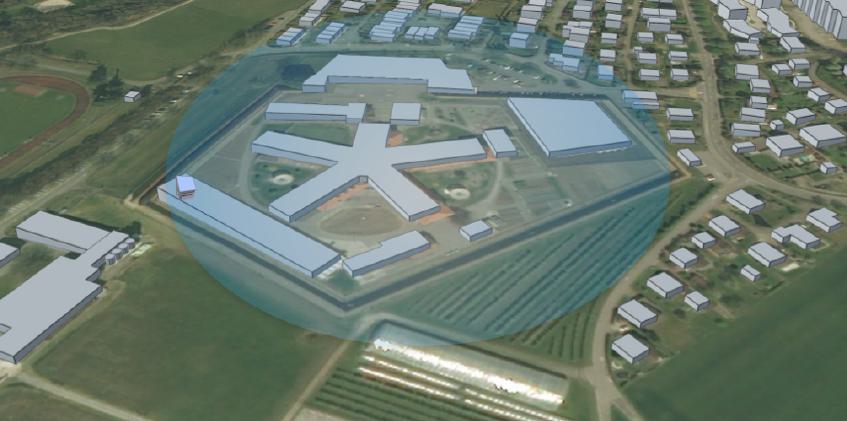 Aerial view of a prison complex inside the coverage area of a single sensor