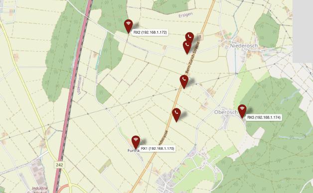 Map with three Y9827A receivers, RX1 to RX3, and the TDOA position fixes of a transmitter moving along a road