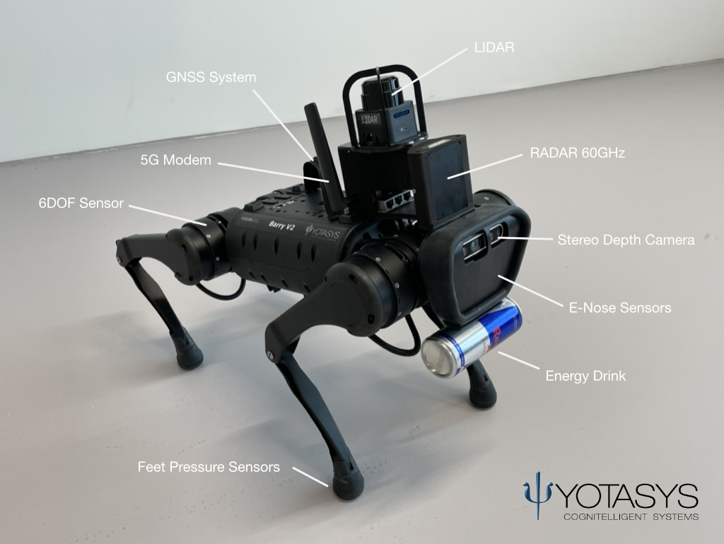 Barry V2 quadruped robot with its sensors labelled: LIDAR, GNSS system, 5G modem, 60 GHz radar, 6DOF sensor, stereo depth camera, e-nose sensors and feet pressure sensors, plus an energy drink for fun