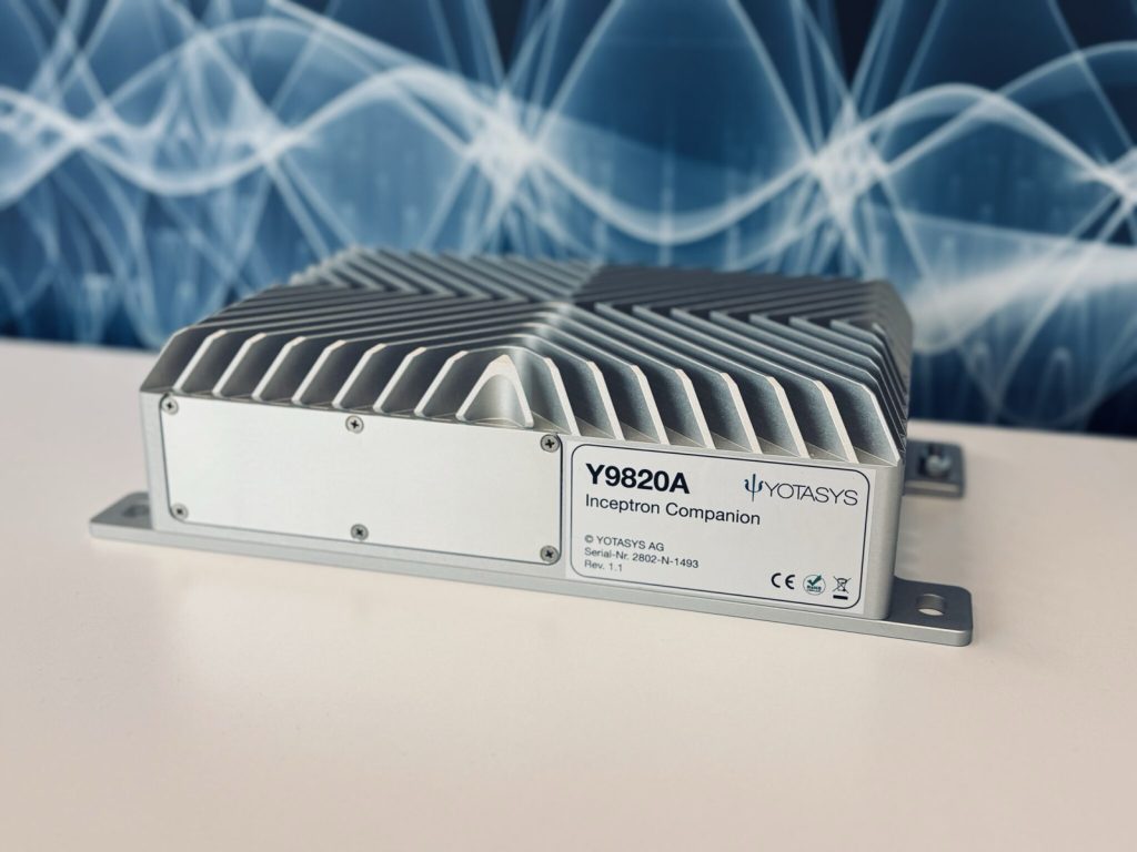 Y9820A Inceptron Companion: a silver finned aluminium enclosure with its product label