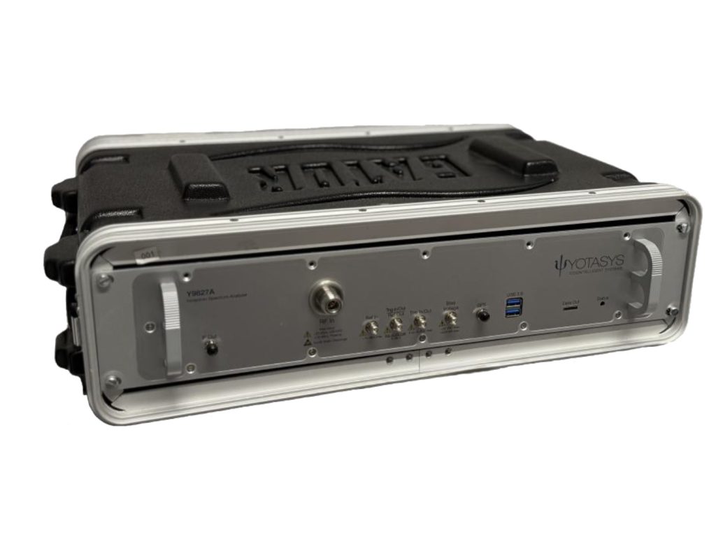 Y9827A Inceptron Spectrum Analyzer in its rugged rack case, front panel with RF connectors
