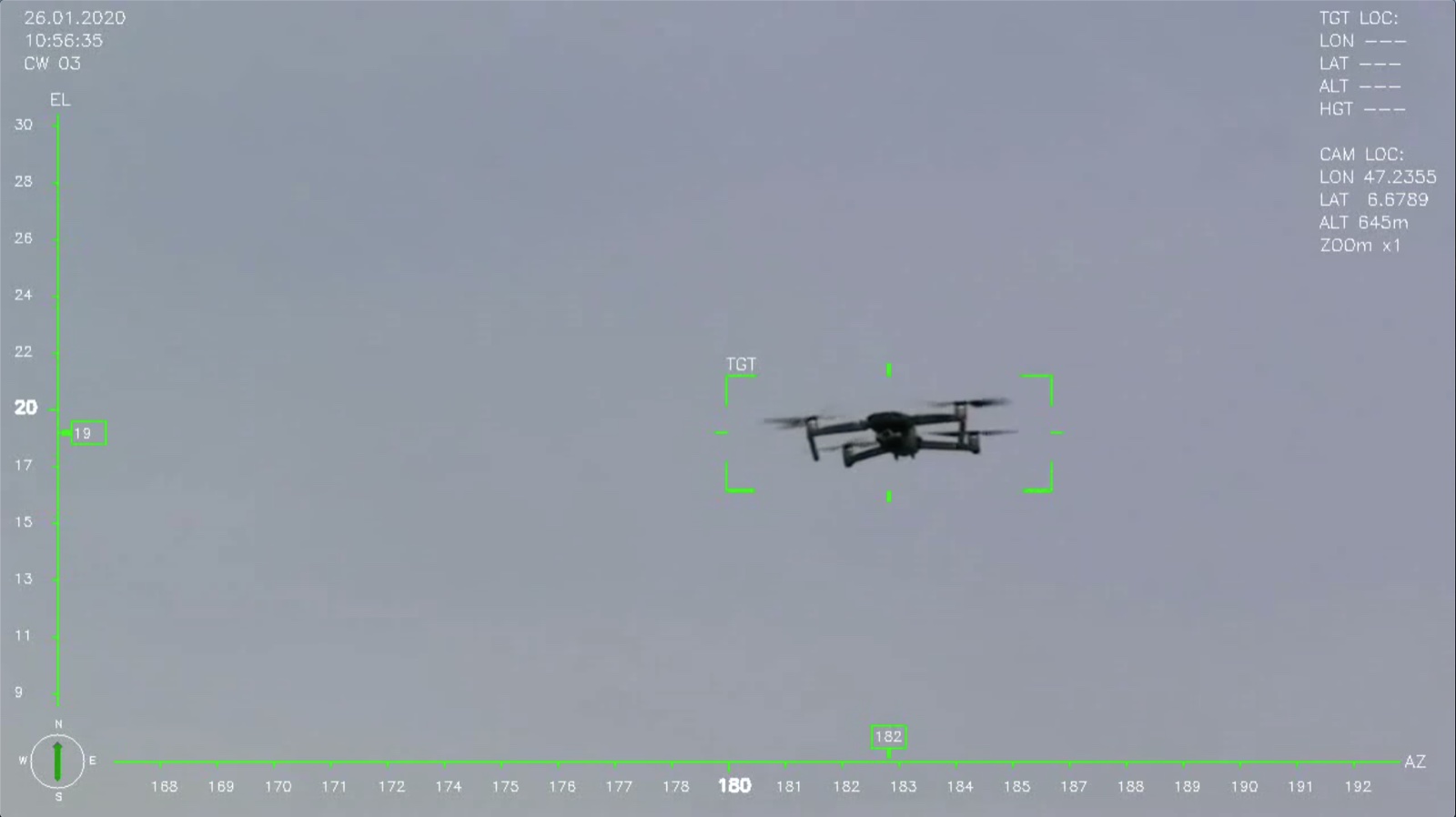 Camera tracking view: a drone locked in the target frame, with azimuth and elevation scales